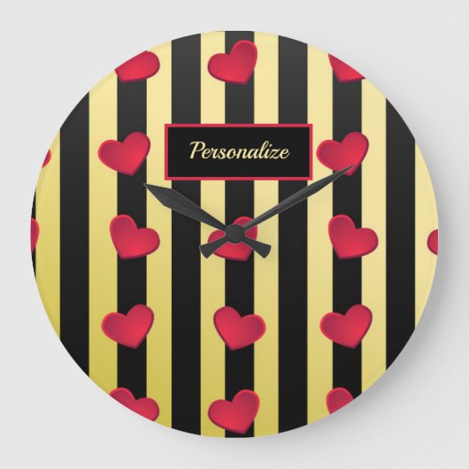 Romantic Red Hearts Gold Black Stripes personalise Grote Klok (Voorkant)