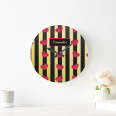 Romantic Red Hearts Gold Black Stripes personalise Grote Klok (Huis)
