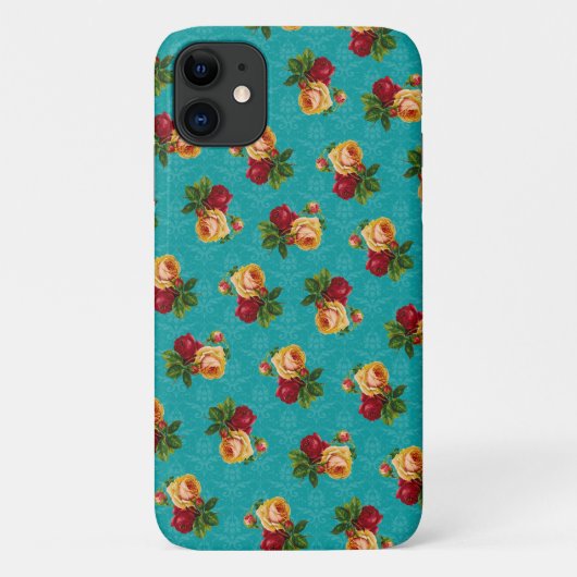 Romantic Red Peach Roos Pattern Blauwgroen Damask Case-Mate iPhone Case (Achterkant)
