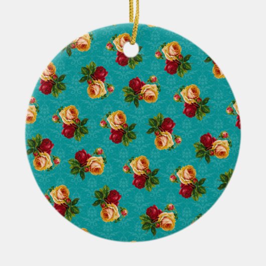 Romantic Red Peach Roos Pattern Blauwgroen Damask Keramisch Ornament (Voorkant)