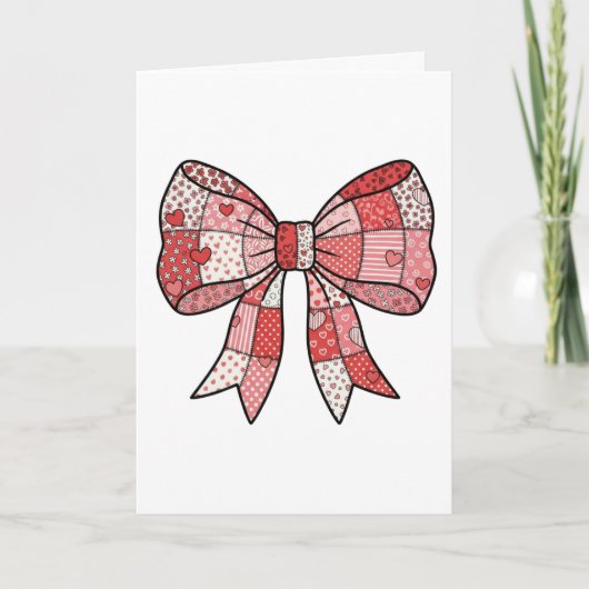 Romantic Red Pink Patchwork Ribbon Bow Drawing  Kaart (Voorkant)