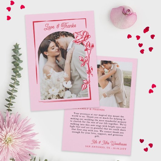 Romantic Red Pink Rose Illustration Love & Thanks Bedankkaart