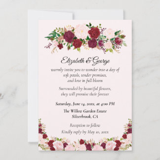 Romantic Red, Pink Roses Custom Wedding Invitation Kaart