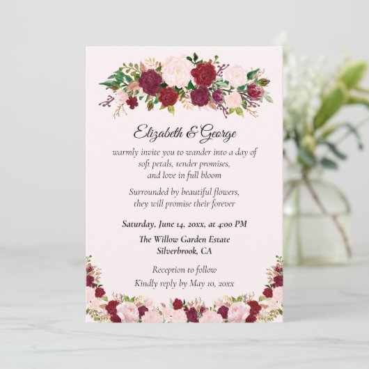 Romantic Red, Pink Roses Custom Wedding Invitation Kaart (Staand voorkant)