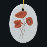 Romantic Red Poppies Ornament<br><div class="desc">Voeg een romantische aanraking toe aan uw kerstboom met deze ovalische keramische siersteen uit mijn originele digitaal gemaakte pasteltekening, die doet denken aan bloemen uit de 19e eeuw. Het afbeelding bestaat uit drie rode papavers in het midden van een stuk gerimpeld bleek blauw-grijs papier dat in licht gekrabde tekst is...</div>