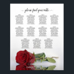 Romantic Red Rose 11 Table Wedding Seating Chart Poster<br><div class="desc">Dit elegante trouwzitje heeft tabeltaken voor 110 gasten op 11 tafels (10 mensen per tafel). Het ontwerp is prachtig, gesofisticeerd, romantisch en stijlvol. Hij heeft één rode roos die reflecteert in water met golven en rimpels. De titel leest "te vinden gelieve uw lijst"in lacy manuscriptkalligrafie. Er is ruimte voor de...</div>