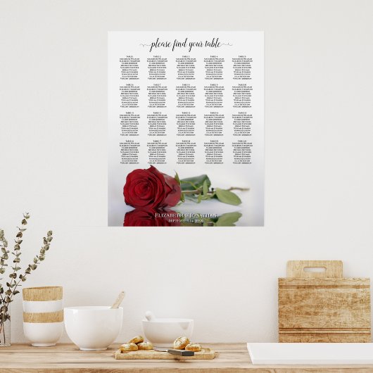 Romantic Red Rose 20 Table Wedding Seating Chart Poster (Keuken)