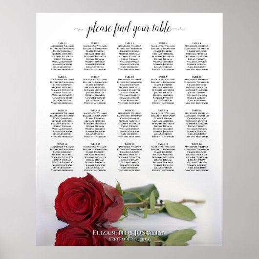 Romantic Red Rose 20 Table Wedding Seating Chart Poster (Voorkant)