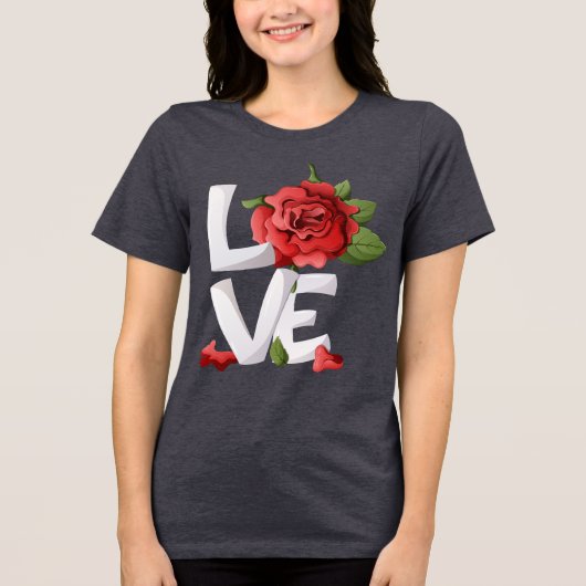 Romantic Red Rose Botanical Love Typography Tri-Blend Shirt (Voorkant)