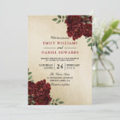 Romantic Red Rose Burgundy Golden Elegant Wedding Kaart (Staand voorkant)
