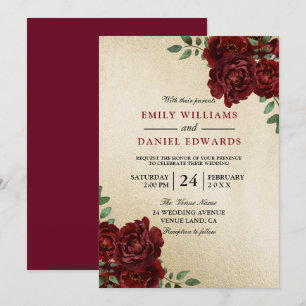 Romantic Red Rose Burgundy Golden Elegant Wedding Kaart