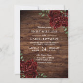 Romantic Red Rose Burgundy Rustic Wood bruiloft Kaart (Voorkant)