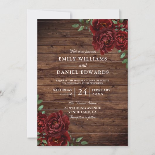 Romantic Red Rose Burgundy Rustic Wood bruiloft Kaart (Voorkant)