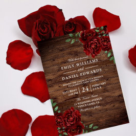 Romantic Red Rose Burgundy Rustic Wood bruiloft Kaart