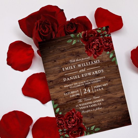 Romantic Red Rose Burgundy Rustic Wood bruiloft Kaart