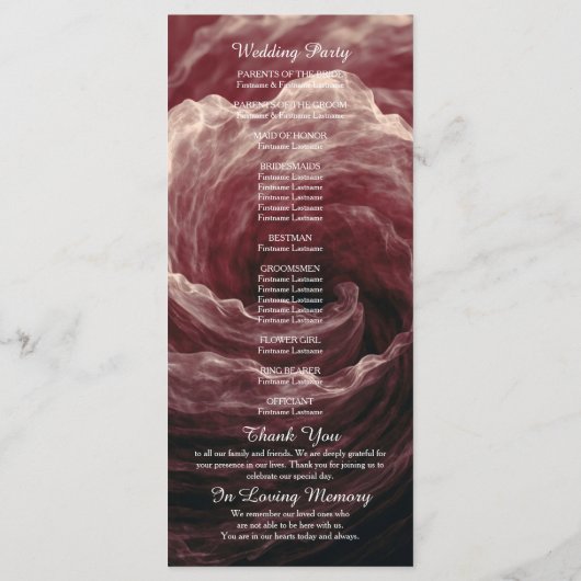 Romantic Red Rose Burgundy Wedding Program Programmakaart (Achterkant)
