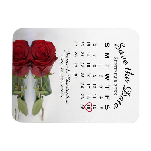 Romantic Red Rose Calendar Wedding Save the Date Magneet (Horizontaal)