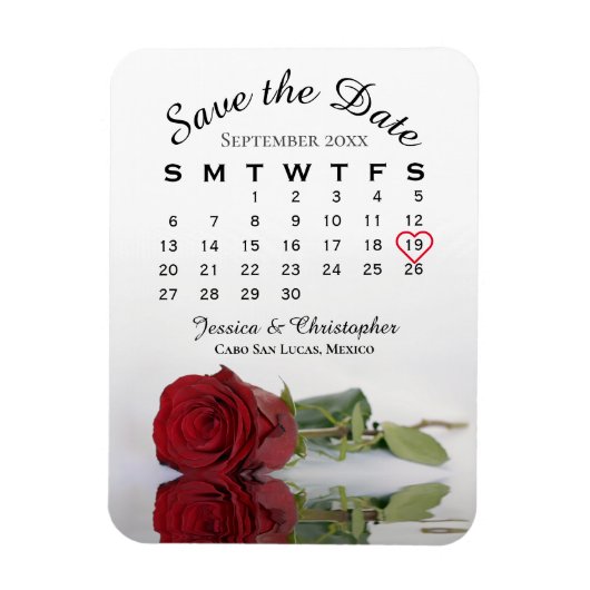 Romantic Red Rose Calendar Wedding Save the Date Magneet (Verticaal)