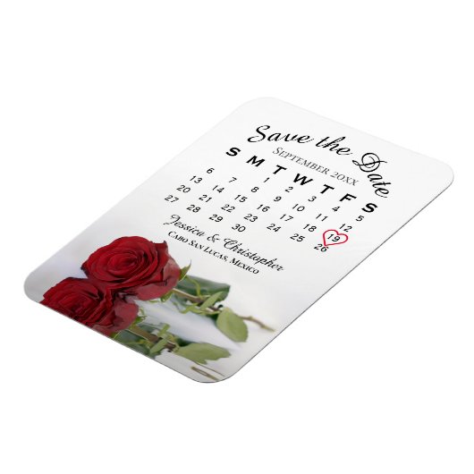 Romantic Red Rose Calendar Wedding Save the Date Magneet (Linkerzijde)