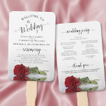 Romantic Red Rose Elegant Wedding Programme Handwaaier<br><div class="desc">Deze mooie supporters van het bruiloft zijn elegant, romantisch, klassiek en smaakvol. Het ontwerp is voorzien van een enkele rode rode roos met lange steentjes die aan de zijkant ligt en die in een pool van water met golven en rimpels reflecteert. De typografie kenmerkt de zwarte manuscriptkalligrafie van de erfenis,...</div>
