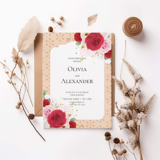 Romantic Red Rose Floral Arch Wedding Invitation Kaart