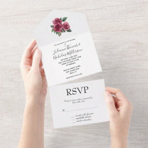 Romantic Red Rose Floral Wedding All In One Uitnodiging