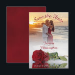 Romantic Red Rose Foto Bekleding Roodtekst bruilof Save The Date<br><div class="desc">Deze bruiloft Save the Date-kaarten zijn romantisch, elegant, klassiek en mooi. Ze bevatten een enkele rode rode roos met lange steeltjes die reflecteert in een poel water met golven en rimpels, die over de bodem van uw volledige foto van het lijst zijn gestreken. De rode tekst is een fancy manuscriptkalligrafie...</div>