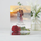 Romantic Red Rose Foto Bekleding White Text Wedden Save The Date (Staand voorkant)