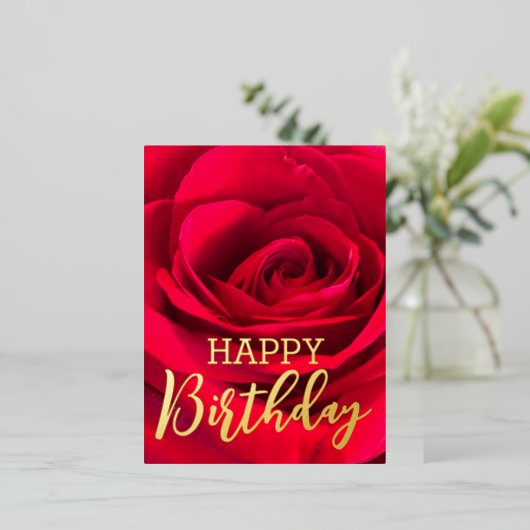 Romantic Red Rose Happy Birthday Real Gold Folie Feestdagen Briefkaart (Staand Voorkant)