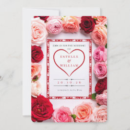 Romantic Red Rose Heart Border Wedding Invitation Kaart