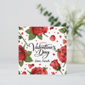 Romantic Red Rose & Hearts Frame Happy Valentine Feestdagenkaart (Staand voorkant)