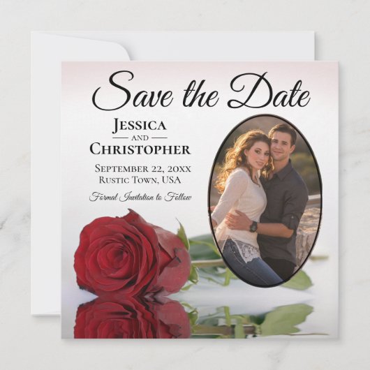 Romantic Red Rose met Oval Foto Weddenschap Save The Date (Voorkant)