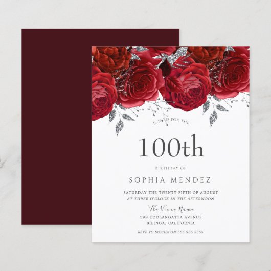 Romantic Red Rose Silver 100th Birthday Invitation (Voorkant / Achterkant)