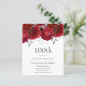 Romantic Red Rose Silver 100th Birthday Invitation (Staand voorkant)