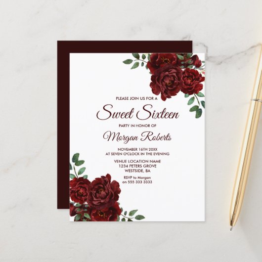 Romantic Red Rose Sweet 16 Budget Invitation (Voorkant / Achterkant in situ)