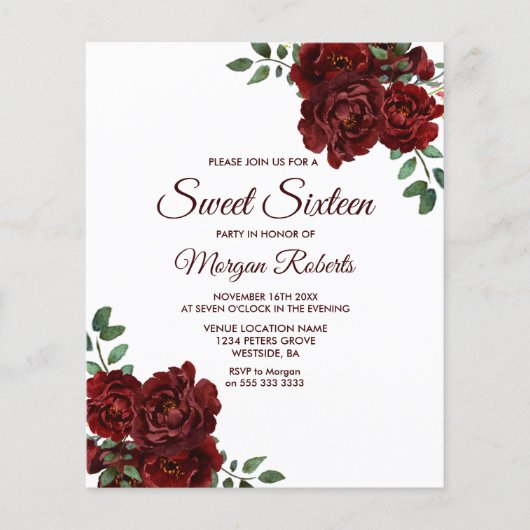 Romantic Red Rose Sweet 16 Budget Invitation (Voorkant)