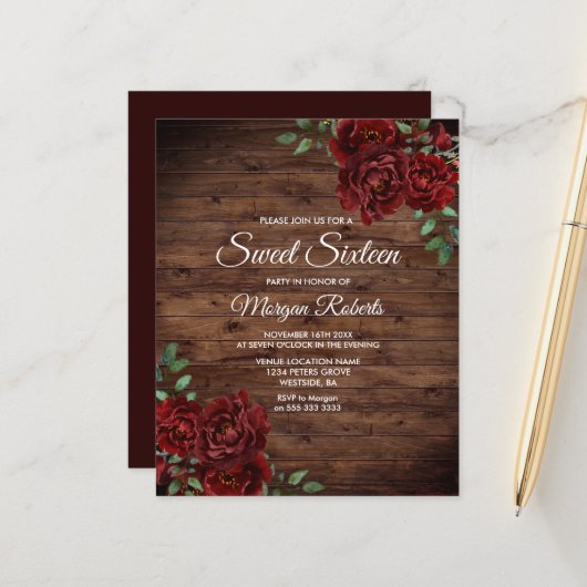 Romantic Red Rose Sweet 16 Party Budget Invite (Voorkant / Achterkant in situ)