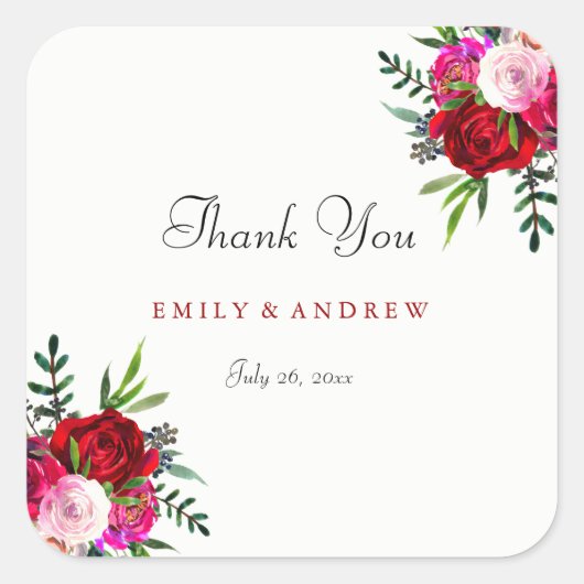 Romantic Red Rose Wedding Bedankt Sticker (Voorkant)
