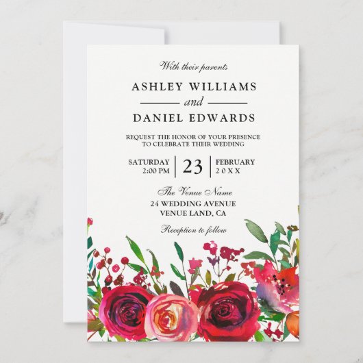 Romantic Red Rose Wedding Invitation Kaart (Voorkant)
