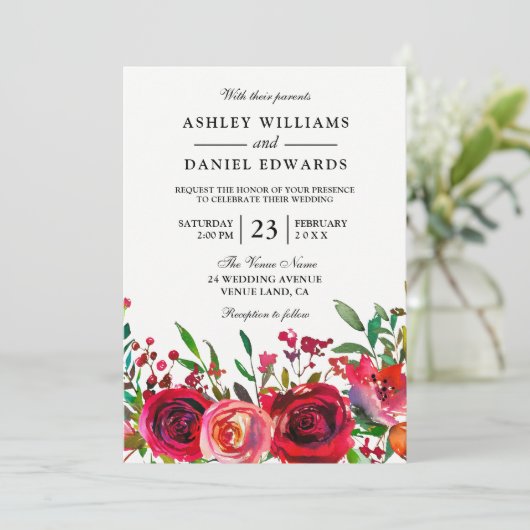 Romantic Red Rose Wedding Invitation Kaart (Staand voorkant)