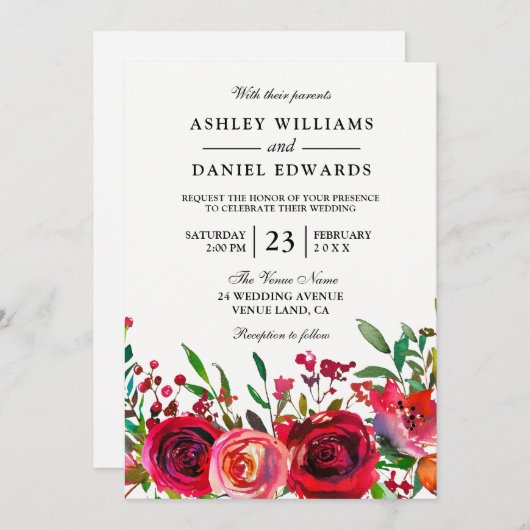 Romantic Red Rose Wedding Invitation Kaart (Voorkant / Achterkant)