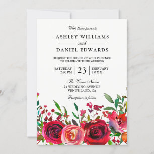 Romantic Red Rose Wedding Invitation Kaart