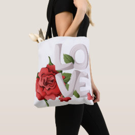 Romantic Red Rose with Bold Love Typography Tote Bag