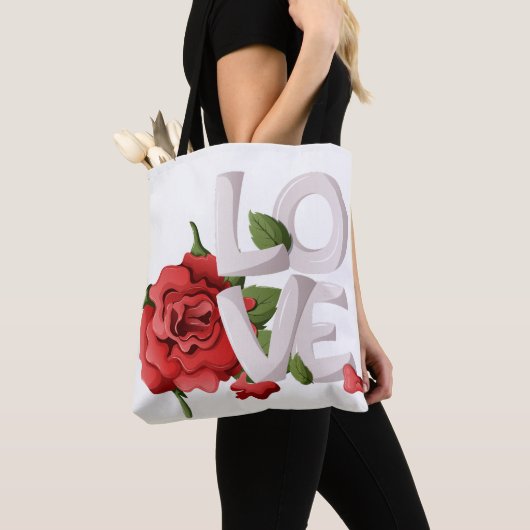 Romantic Red Rose with Bold Love Typography Tote Bag (Dichtbij)