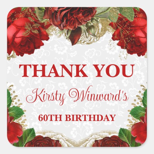 Romantic Red Roses and Gold Glitter 60th Birthday Vierkante Sticker (Voorkant)