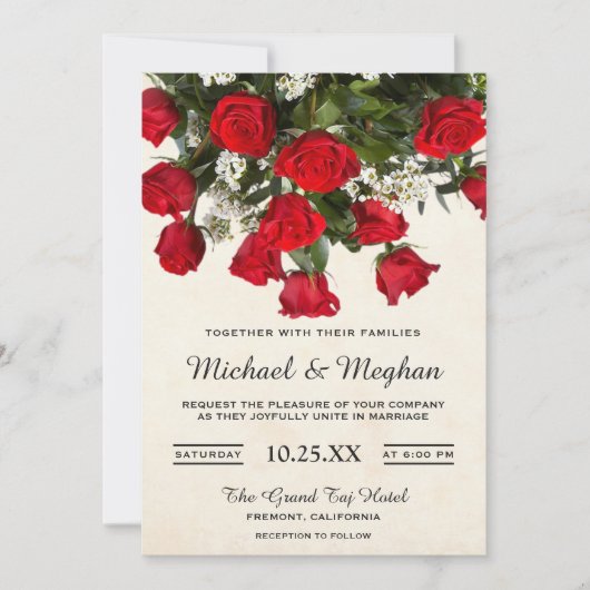 Romantic Red Roses Bouquet Wedding Invitation Kaart (Voorkant)