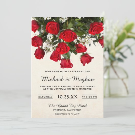 Romantic Red Roses Bouquet Wedding Invitation Kaart (Staand voorkant)