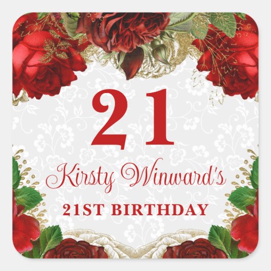 Romantic Red Roses en Gold Glitter 21st Birthday Vierkante Sticker (Voorkant)