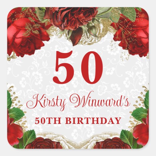 Romantic Red Roses en Gold Glitter 50th Birthday Vierkante Sticker (Voorkant)