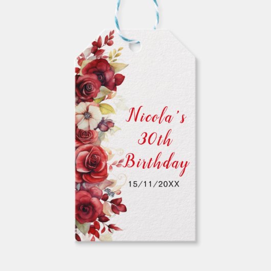 Romantic Red Roses Floral Birthday Party Cadeaulabel (Voorkant)